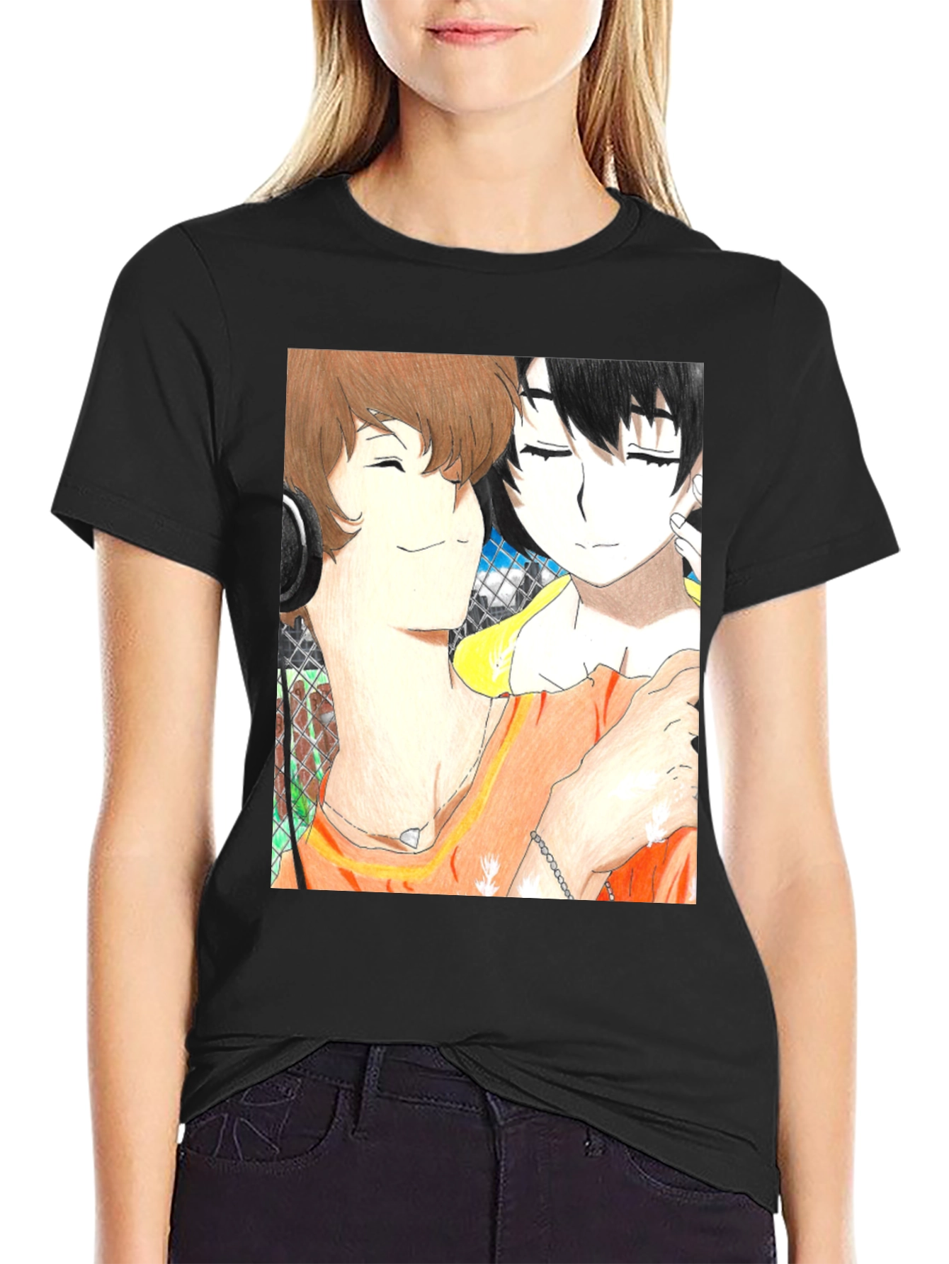 Anime Couple Graphic Tee - Soft Black Cotton