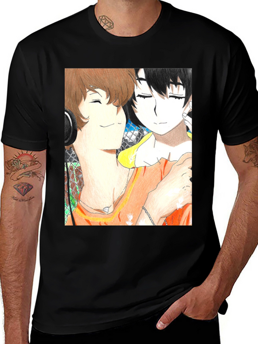 Anime Couple Graphic Tee - Soft Black Cotton