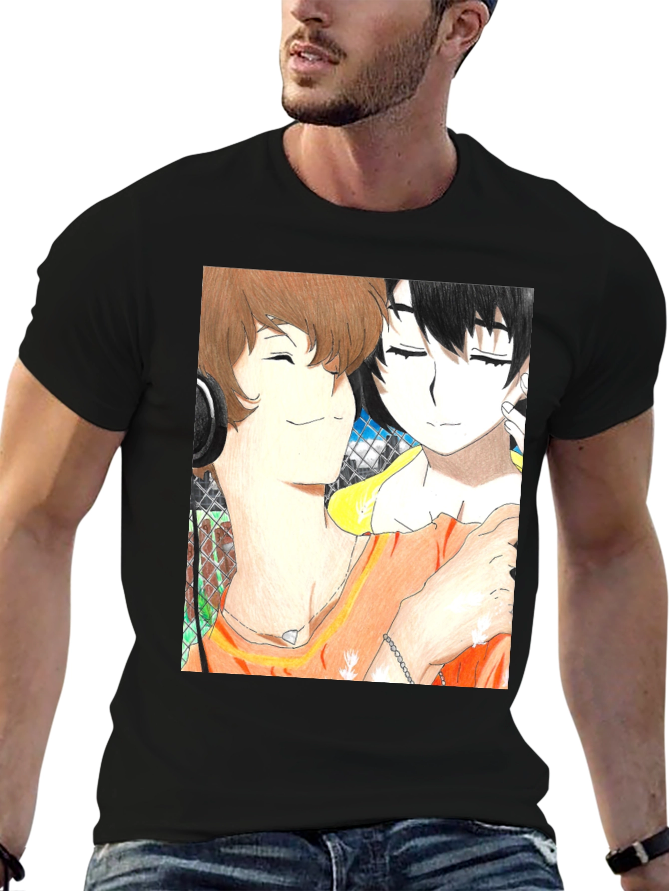 Anime Couple Graphic Tee - Soft Black Cotton