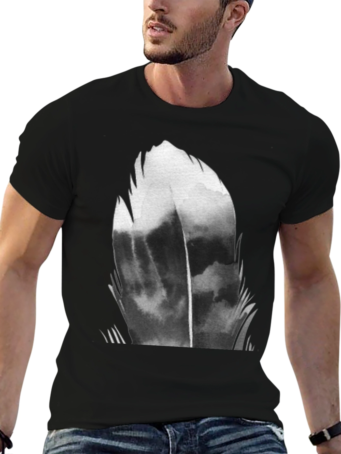 Abstract Feather Graphic Black T-Shirt