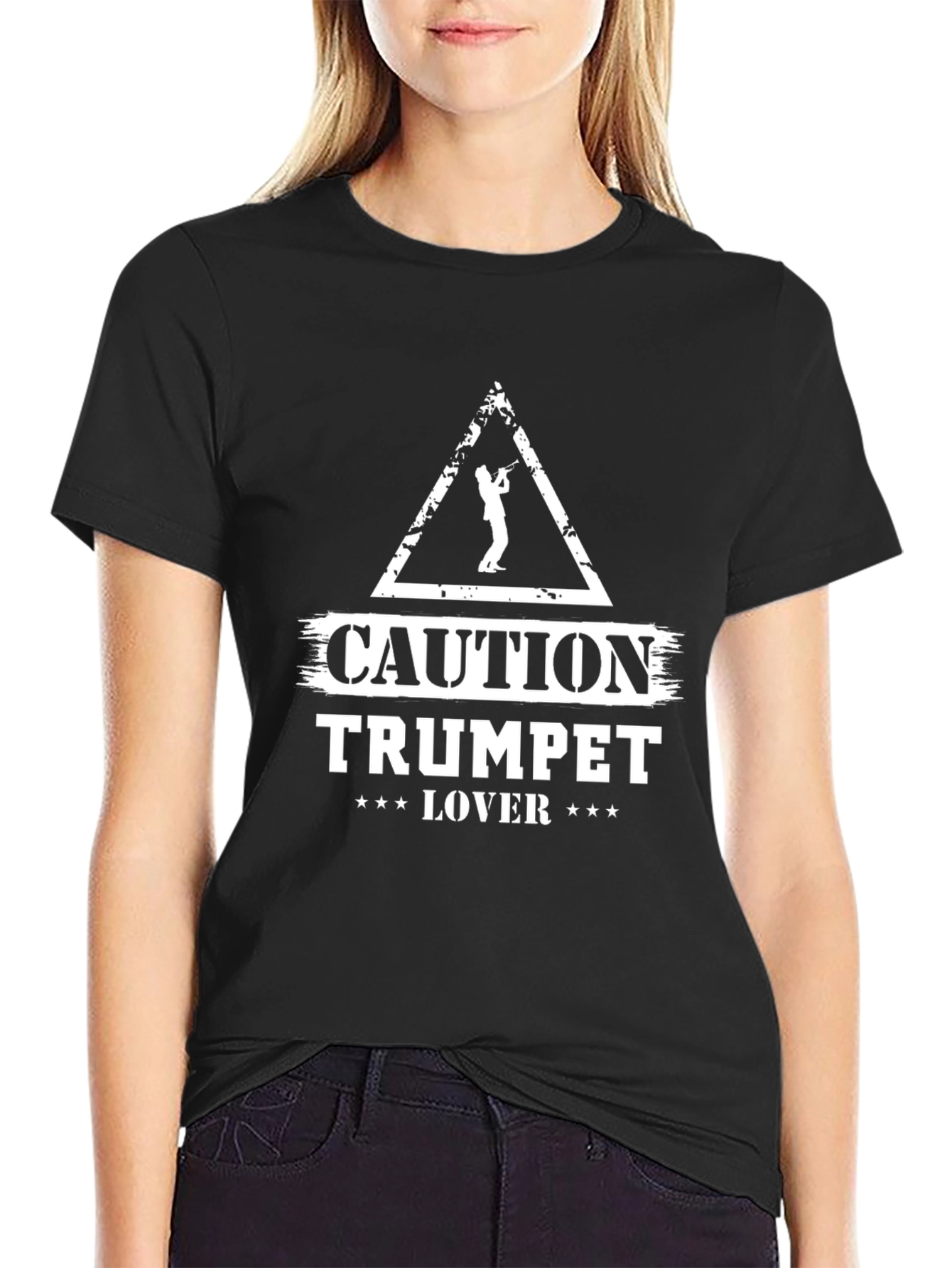 Caution Trumpet Lover Graphic T-Shirt - Black