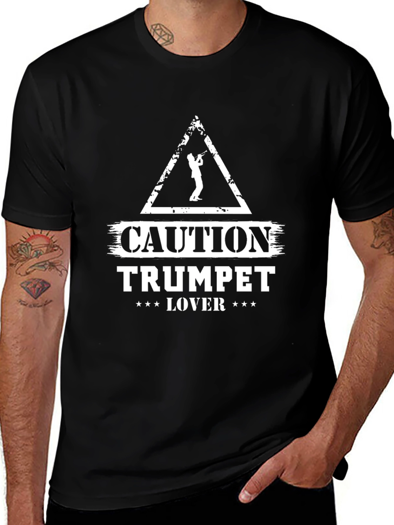 Caution Trumpet Lover Graphic T-Shirt - Black