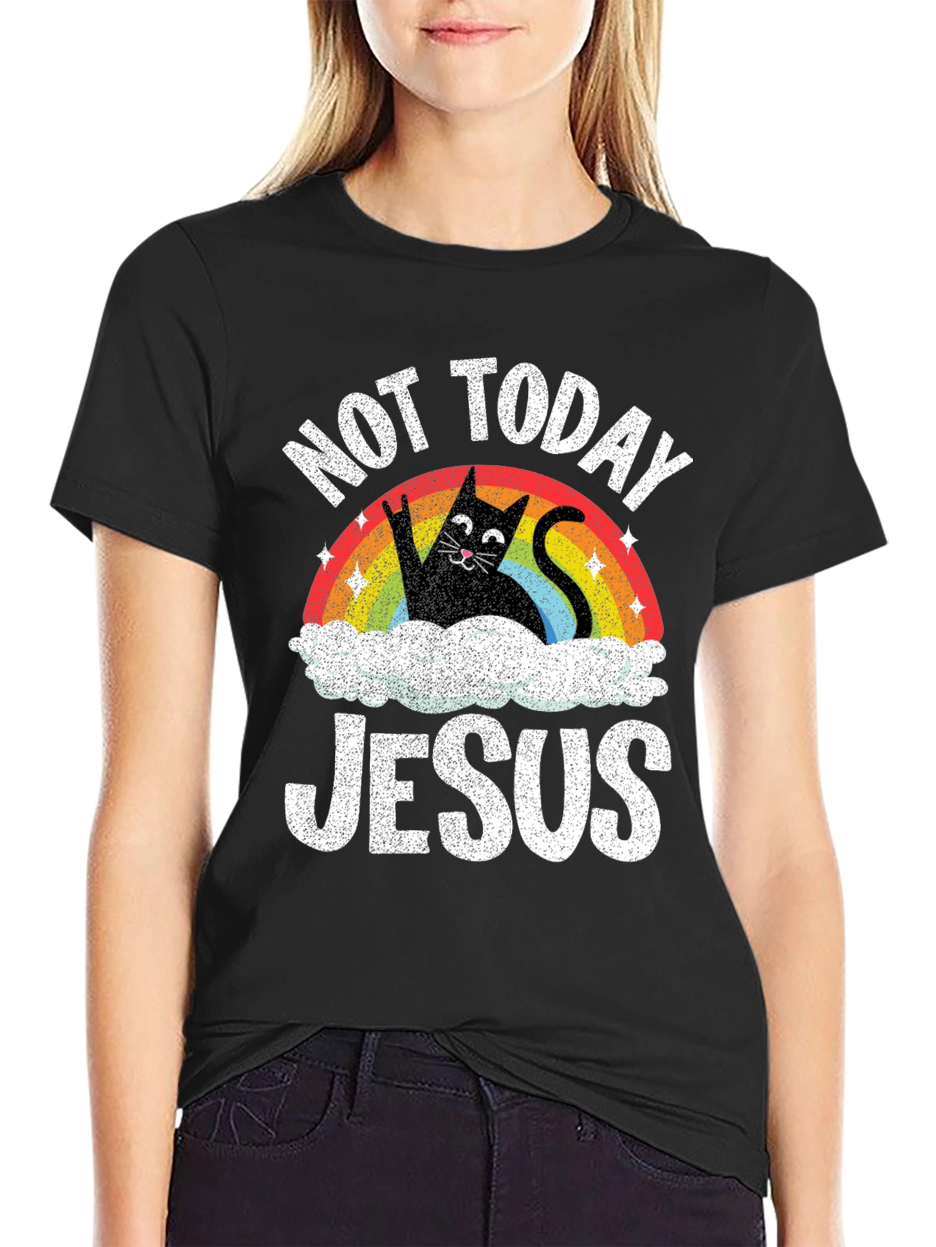 Not Today Jesus T-Shirt Funny Cat Rainbow