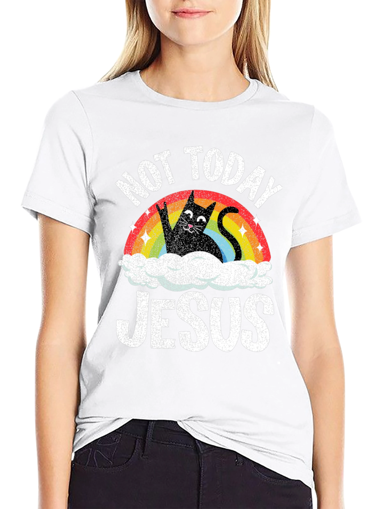 Not Today Jesus T-Shirt Funny Cat Rainbow