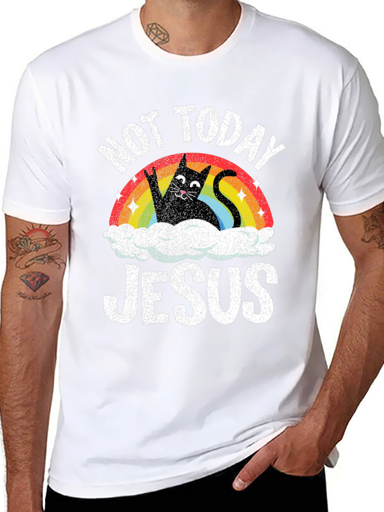 Not Today Jesus T-Shirt Funny Cat Rainbow