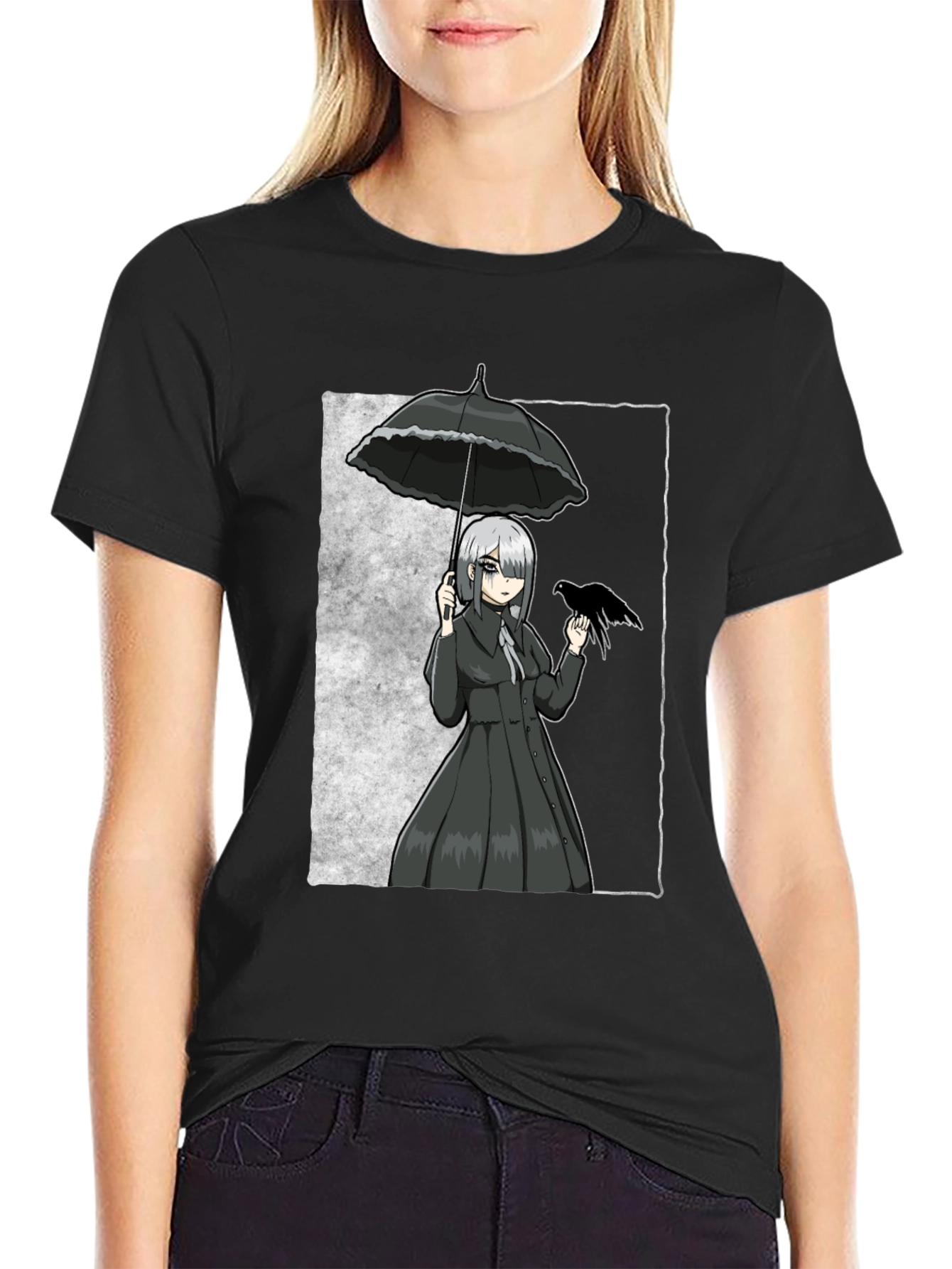 Gothic Anime Girl With Crow T-Shirt