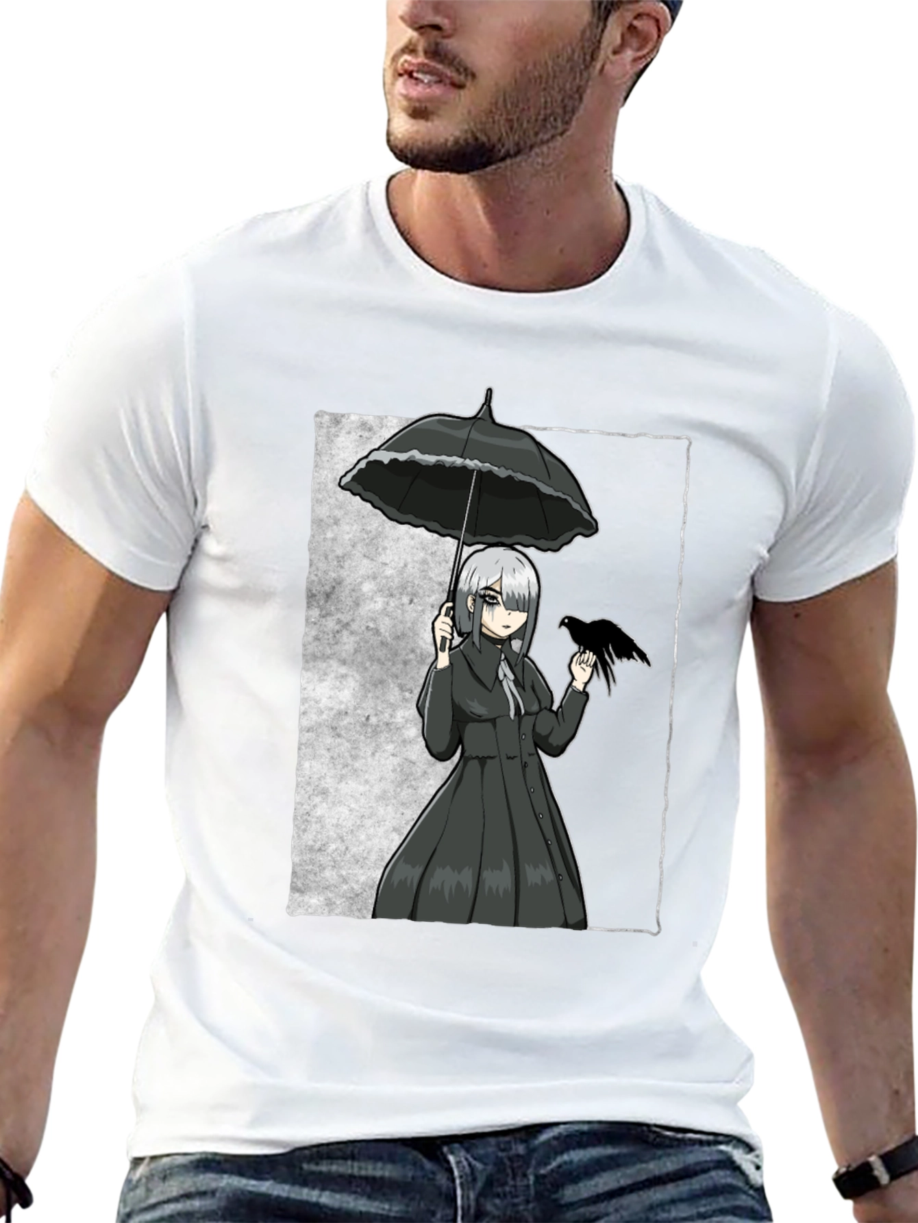 Gothic Anime Girl With Crow T-Shirt