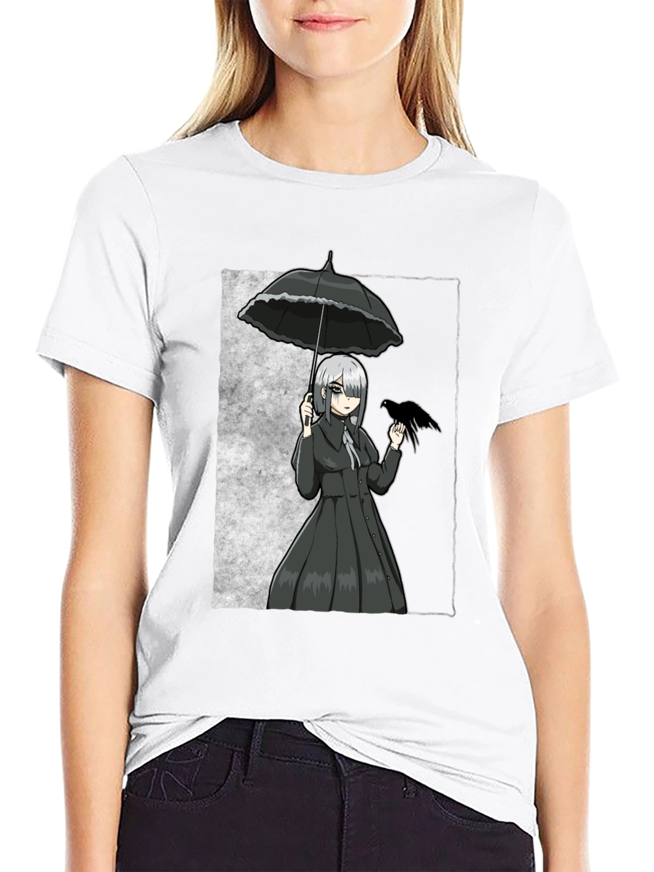 Gothic Anime Girl With Crow T-Shirt