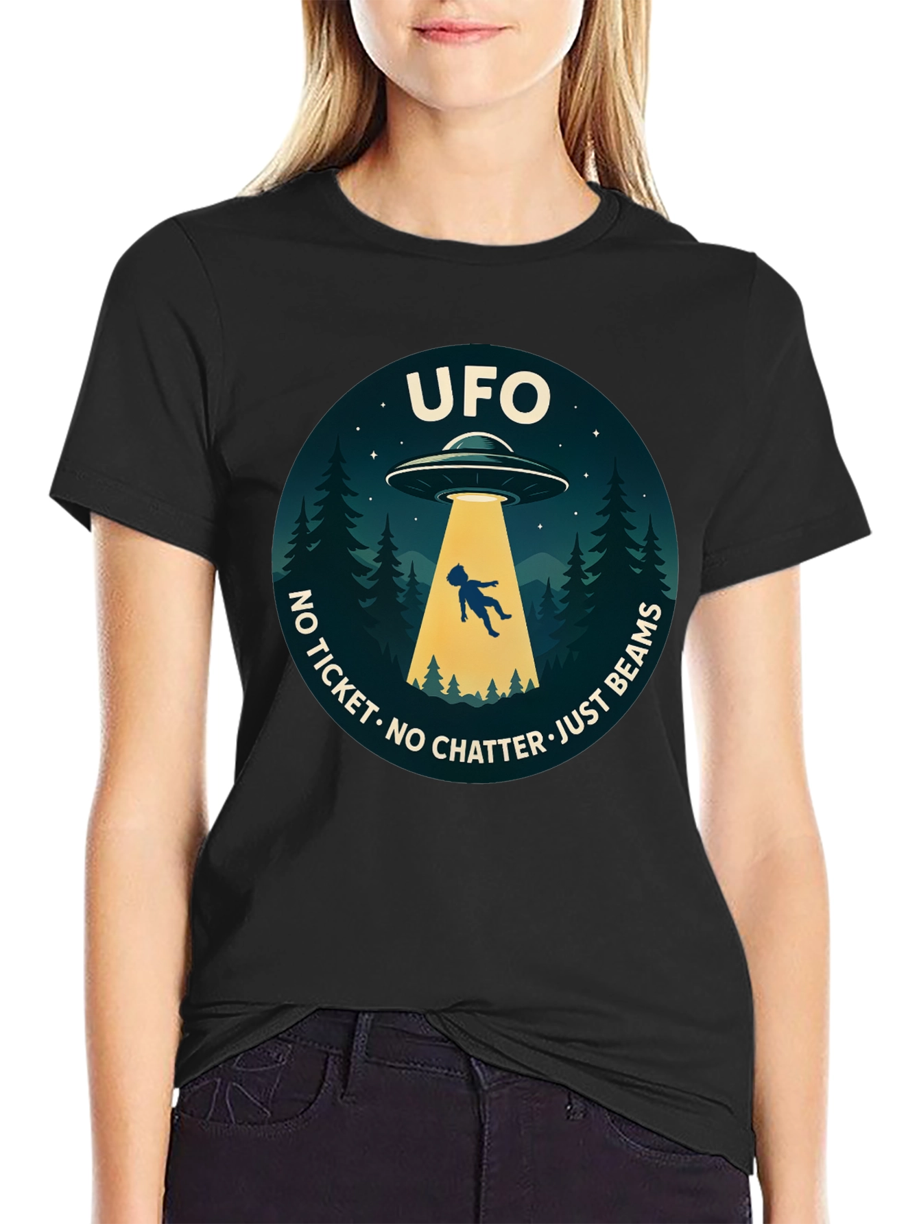 UFO Abduction Graphic T-Shirt - No Ticket Just Beams