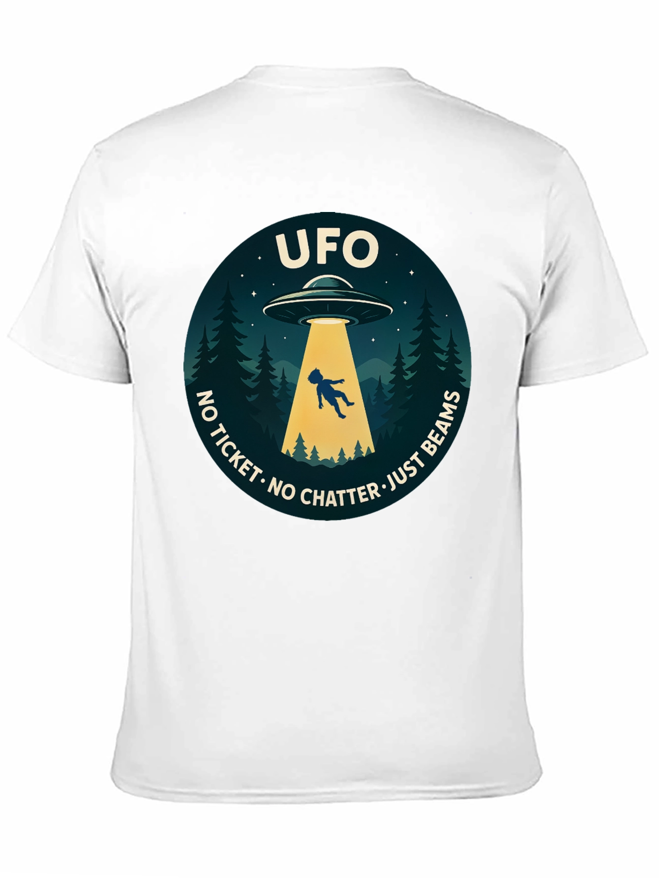 UFO Abduction Graphic T-Shirt - No Ticket Just Beams