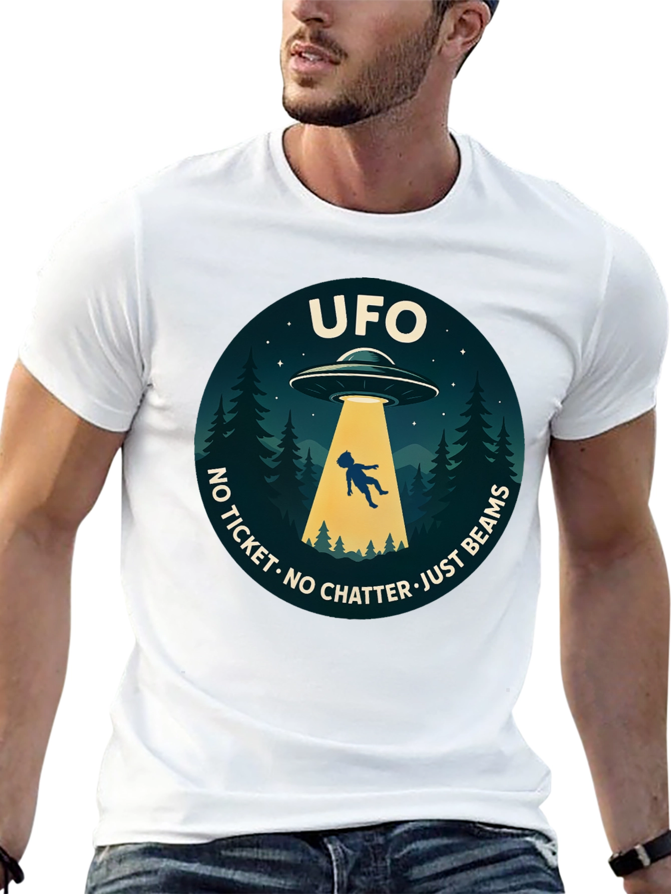 UFO Abduction Graphic T-Shirt - No Ticket Just Beams