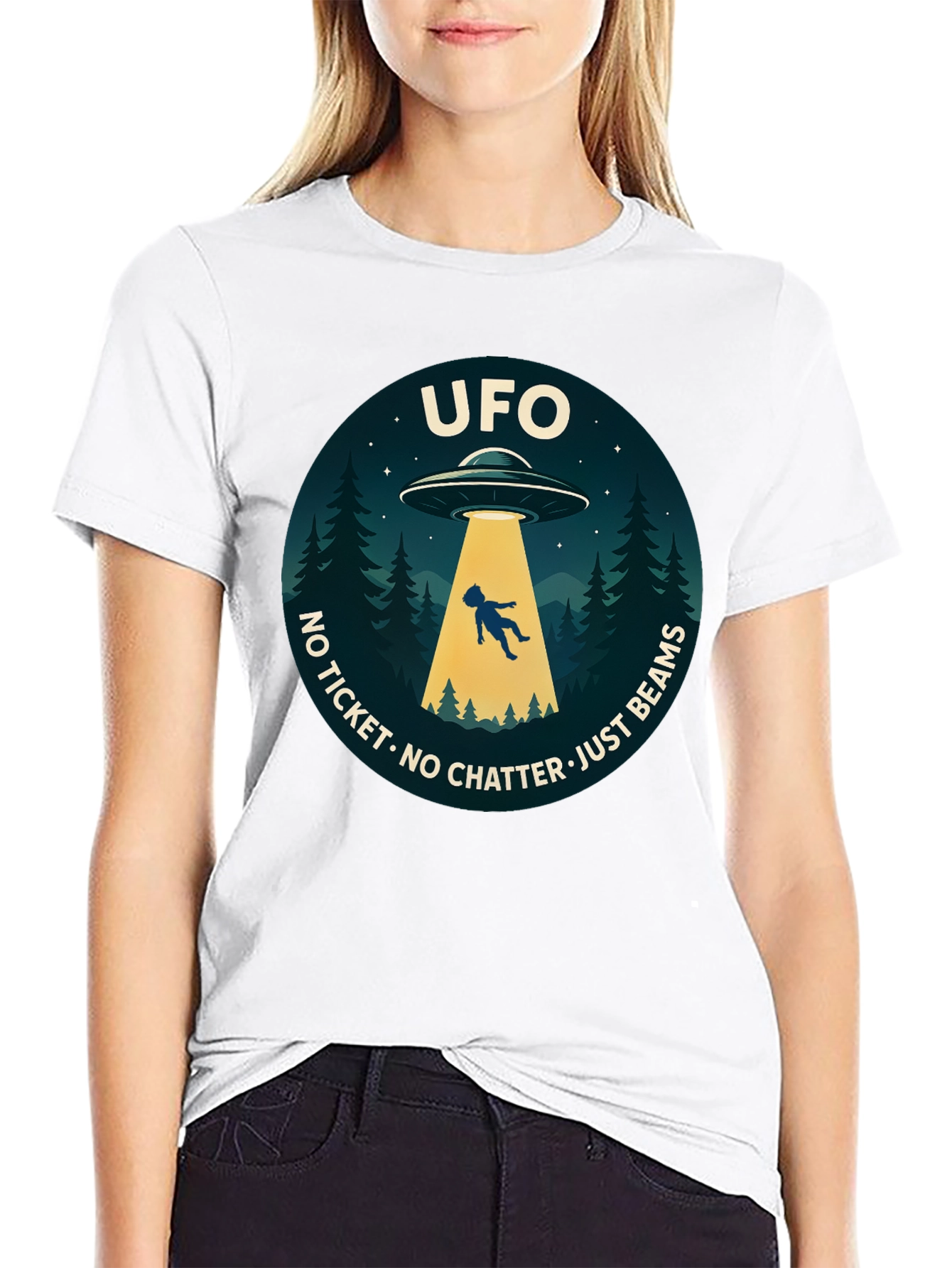 UFO Abduction Graphic T-Shirt - No Ticket Just Beams