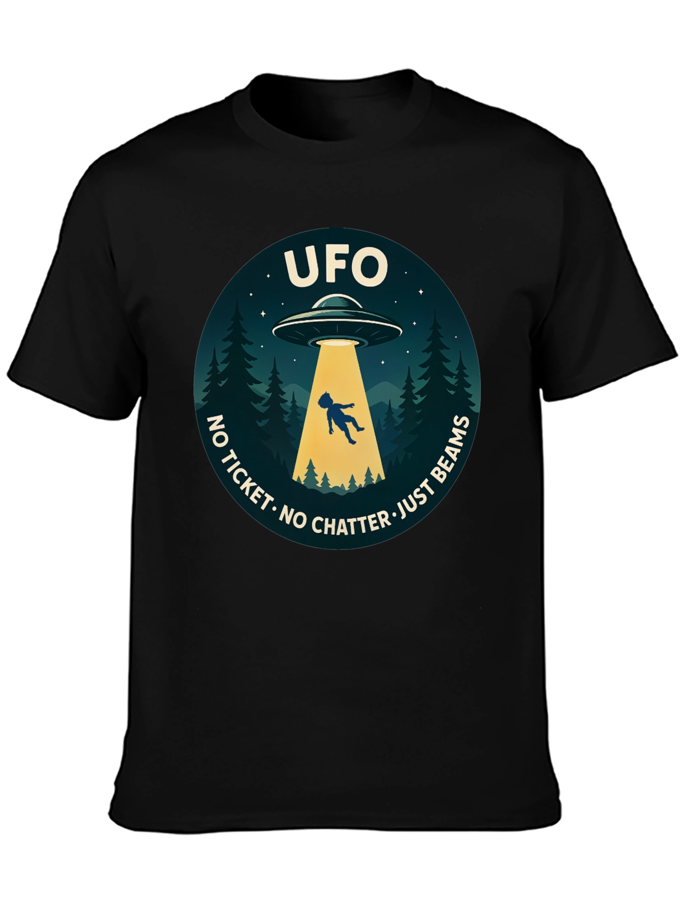 UFO Abduction Graphic T-Shirt - No Ticket Just Beams