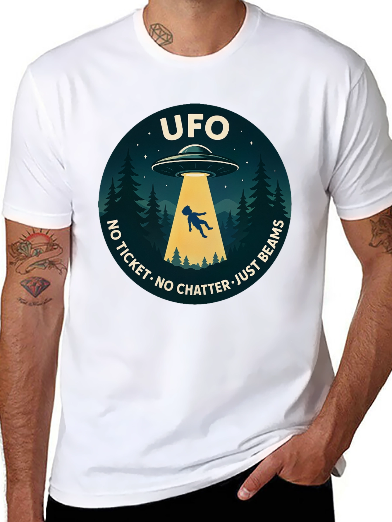 UFO Abduction Graphic T-Shirt - No Ticket Just Beams