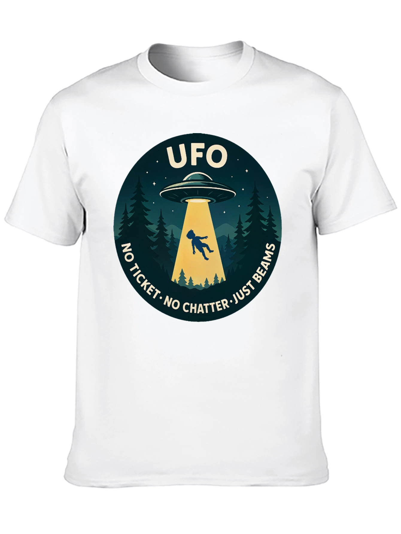 UFO Abduction Graphic T-Shirt - No Ticket Just Beams