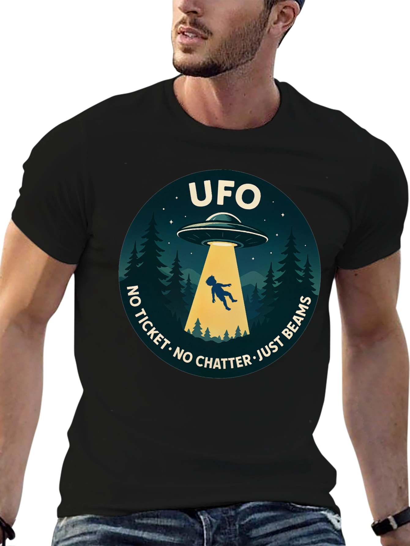 UFO Abduction Graphic T-Shirt - No Ticket Just Beams