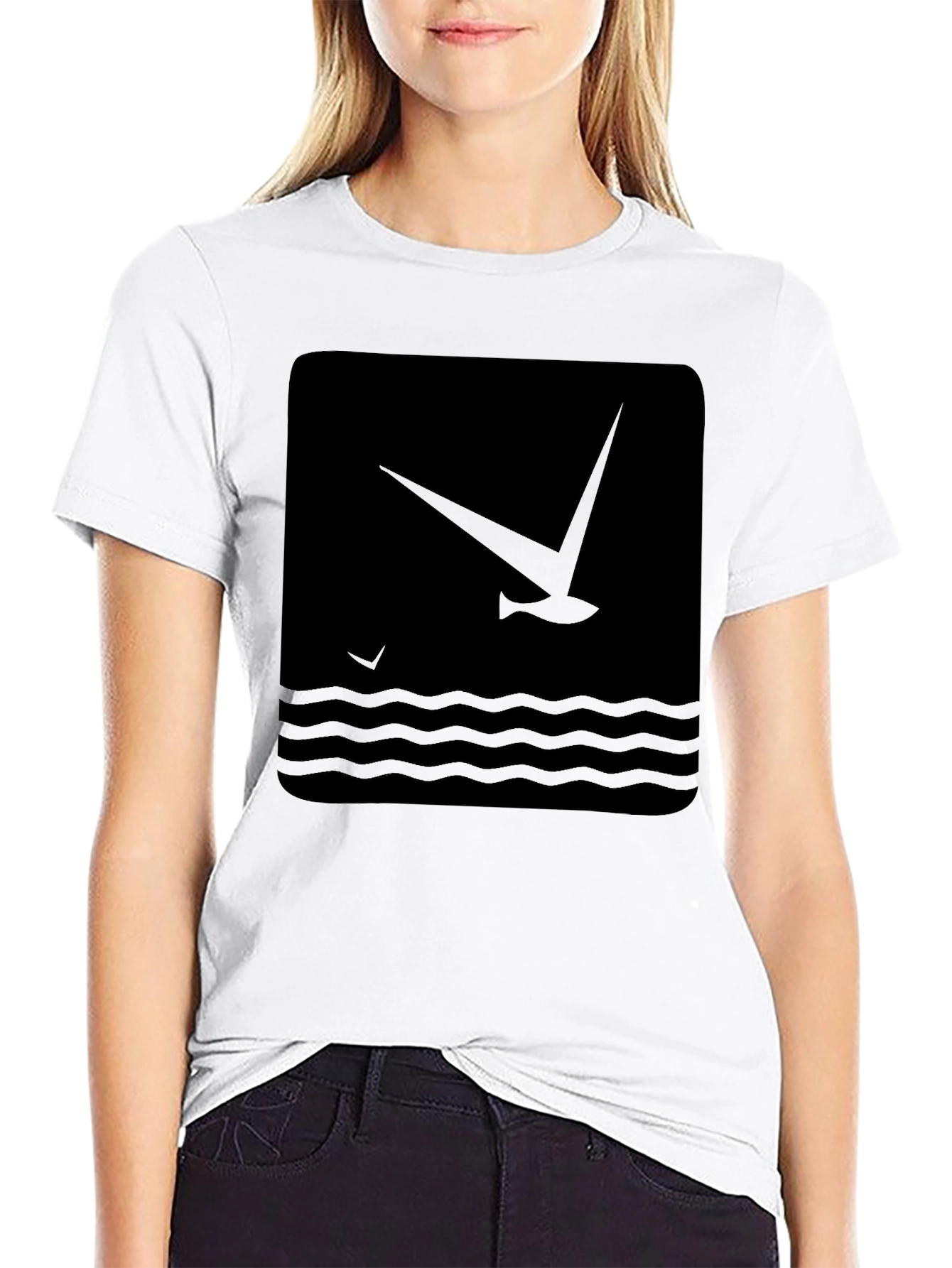 Black Graphic T-Shirt - Bird & Wave Design