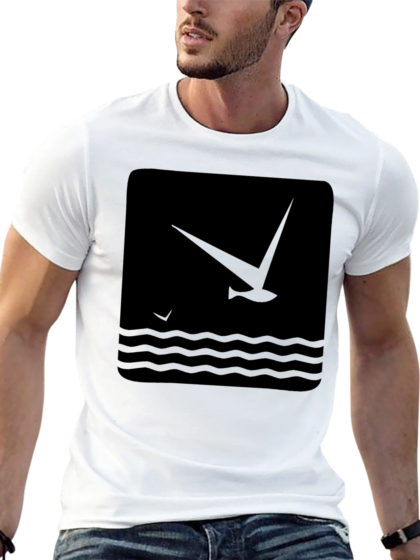 Black Graphic T-Shirt - Bird & Wave Design