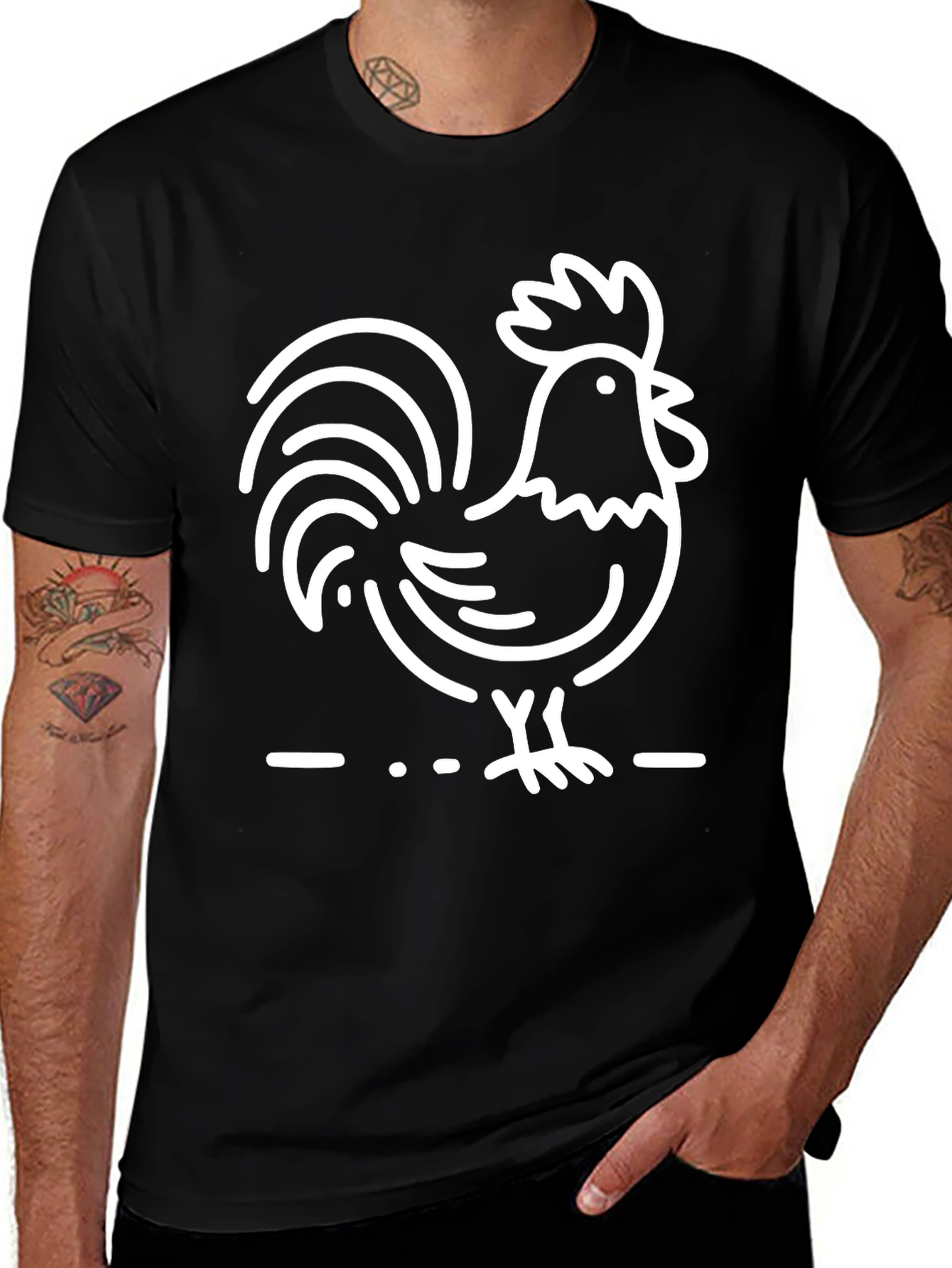Black T-Shirt with White Rooster Graphic
