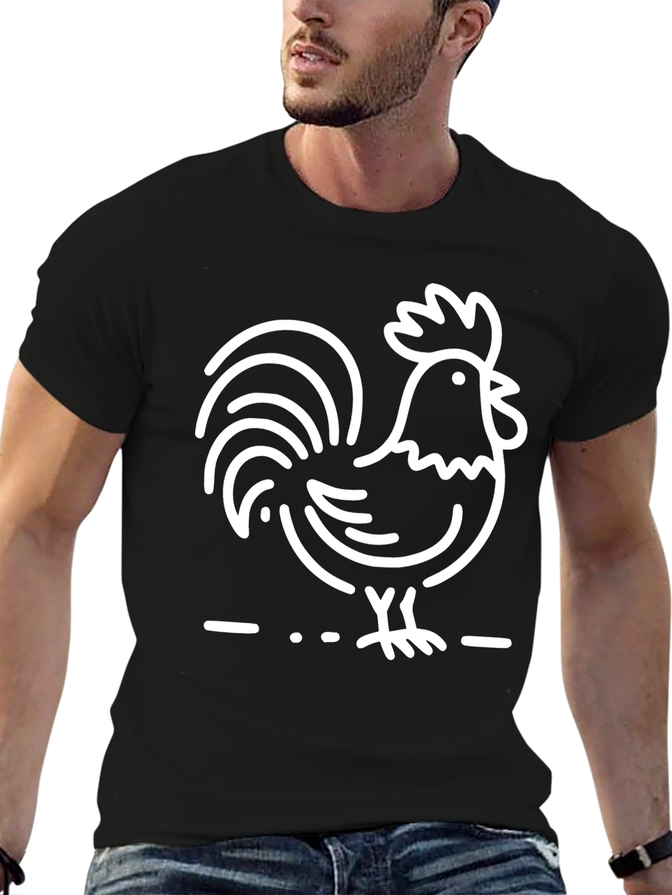 Black T-Shirt with White Rooster Graphic