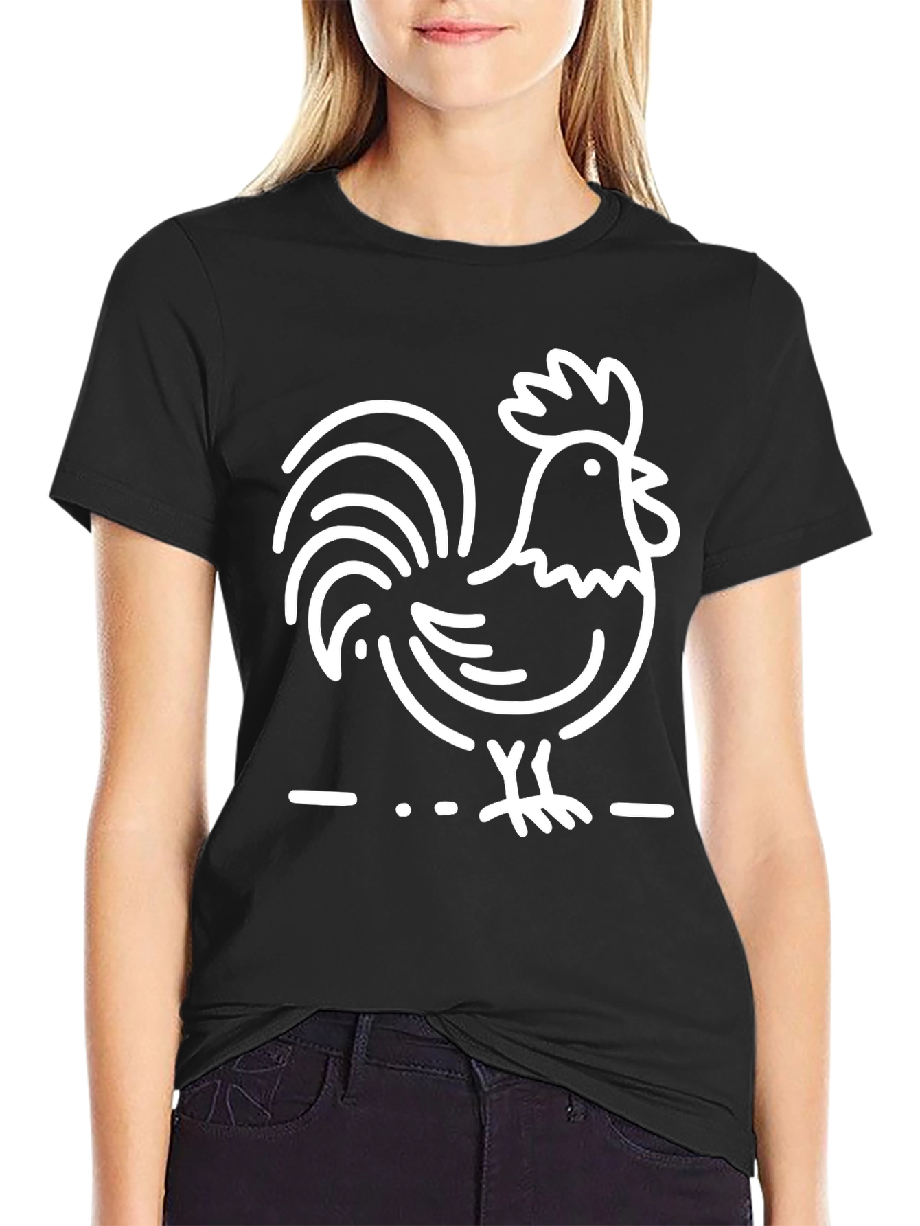 Black T-Shirt with White Rooster Graphic
