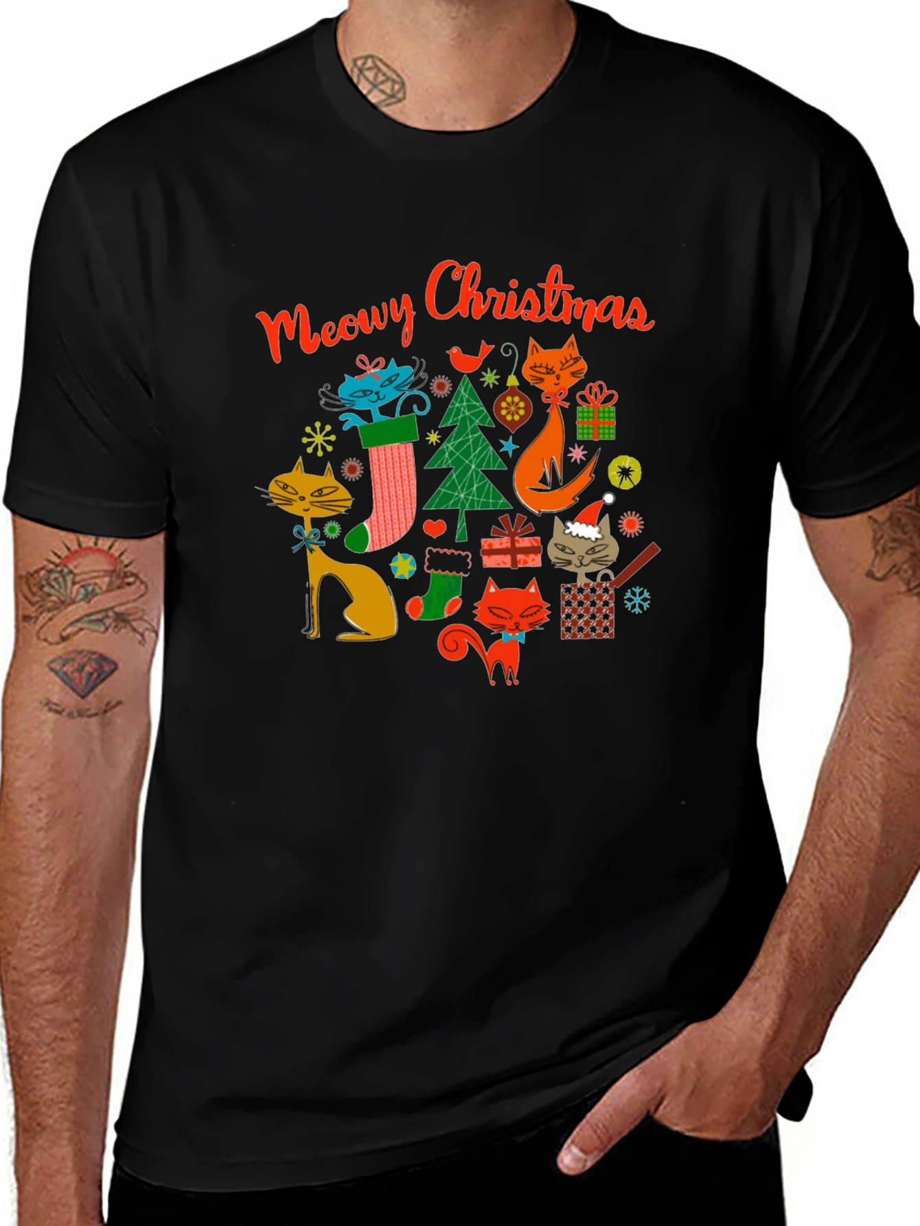 Meowy Christmas Cat T-Shirt - Holiday Novelty Tee
