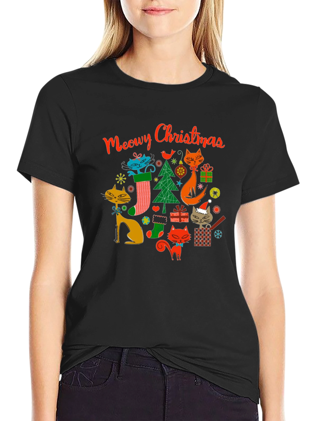 Meowy Christmas Cat T-Shirt - Holiday Novelty Tee