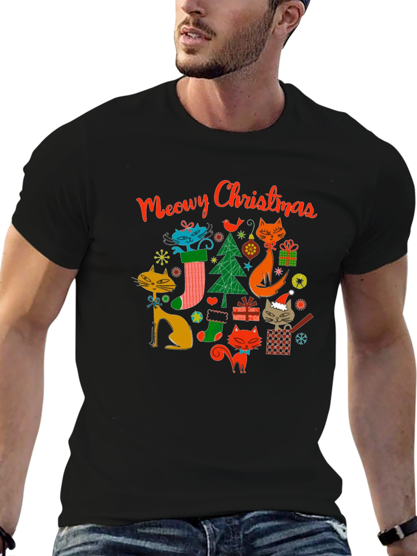 Meowy Christmas Cat T-Shirt - Holiday Novelty Tee