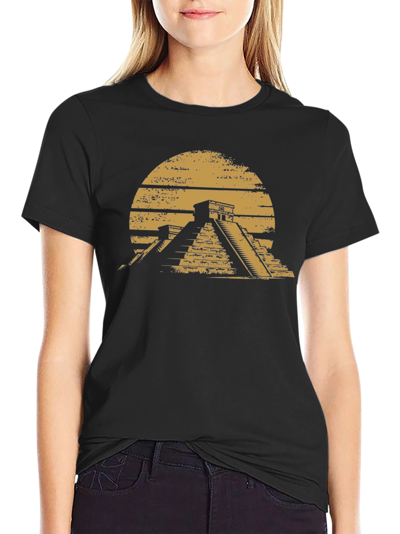 Aztec Pyramid Graphic Tee - Black Cotton T-Shirt