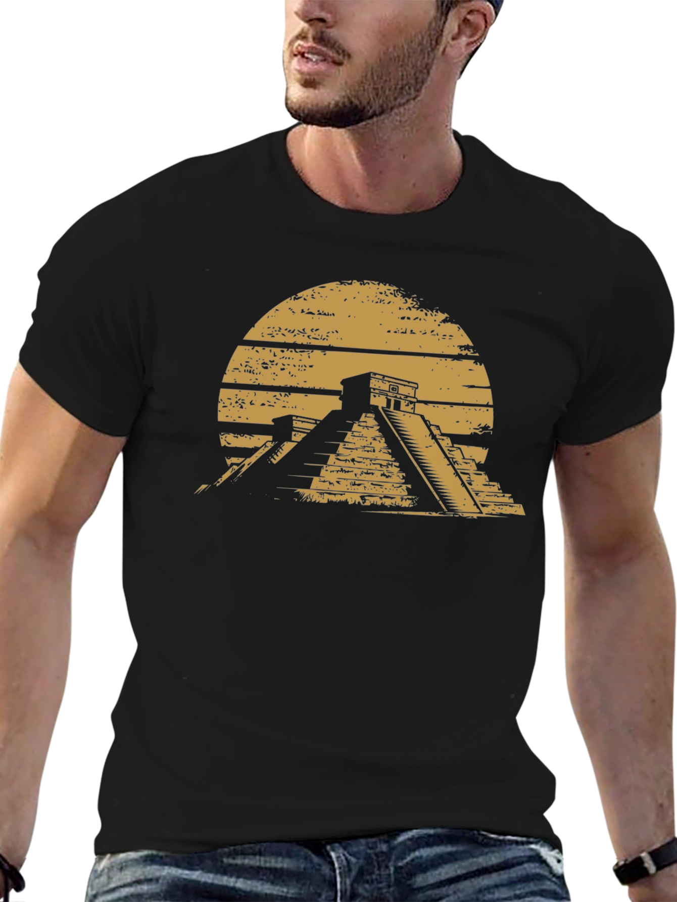 Aztec Pyramid Graphic Tee - Black Cotton T-Shirt