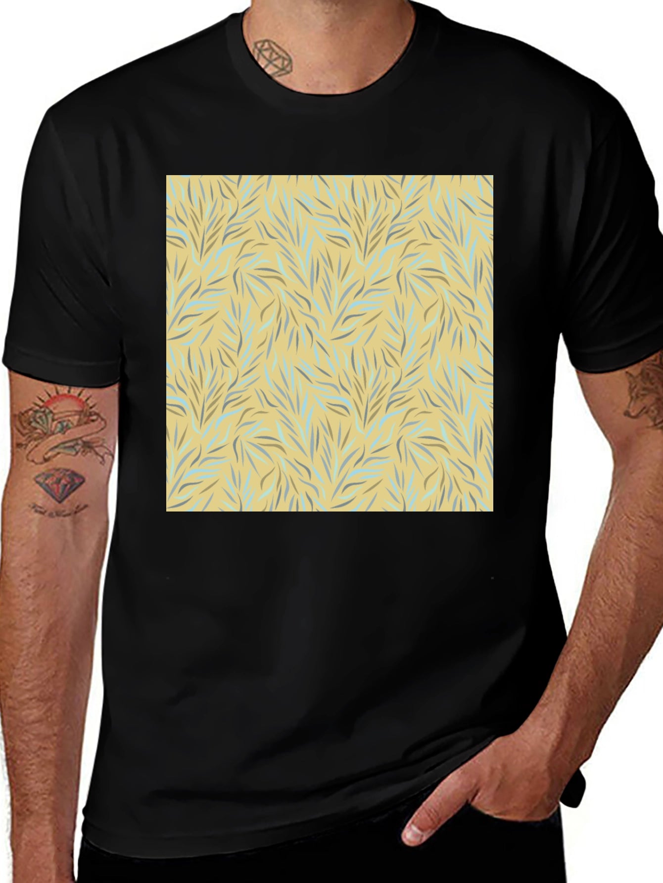 Trendy Black Tee with Abstract Leaf Design