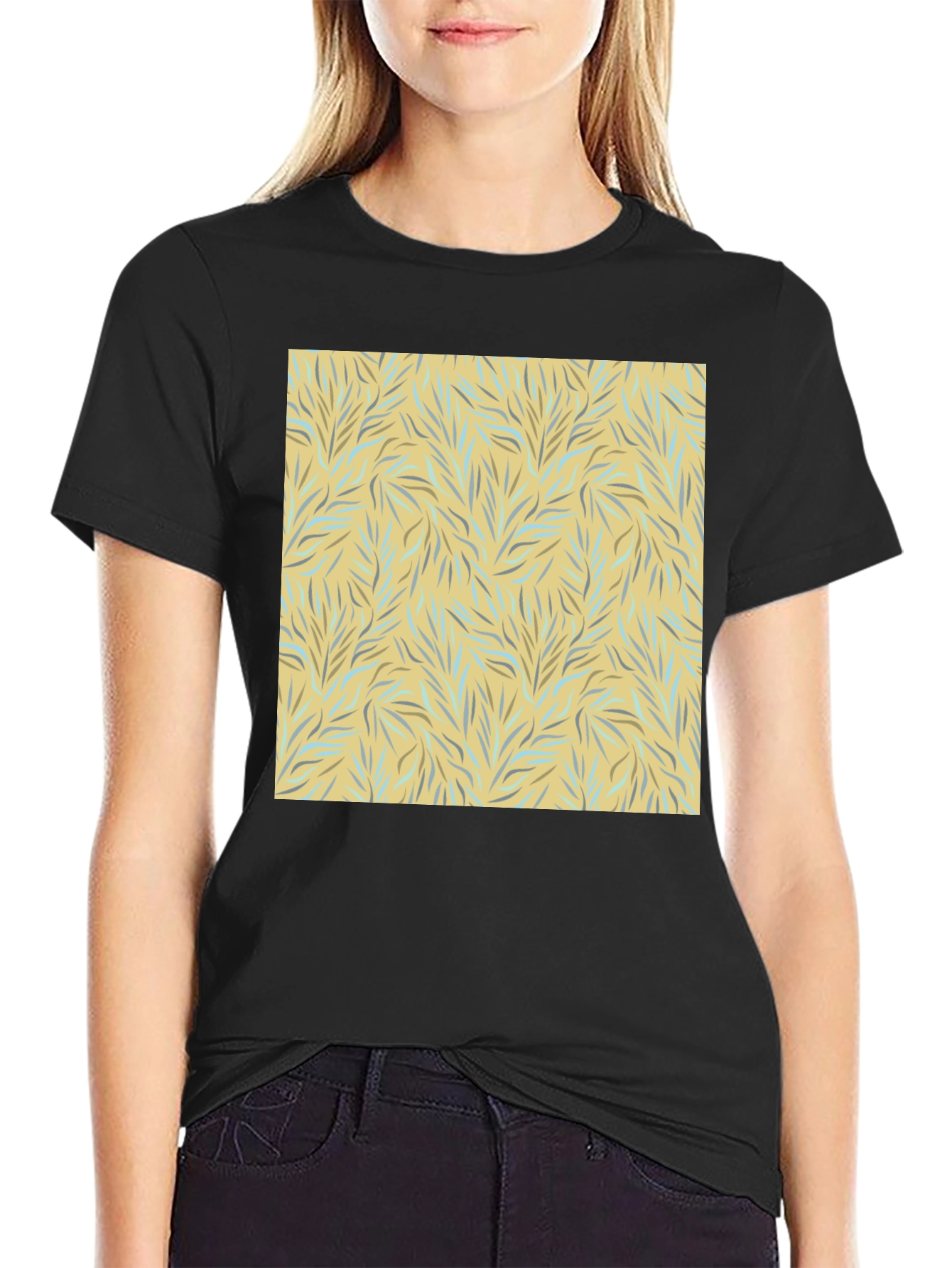 Trendy Black Tee with Abstract Leaf Design