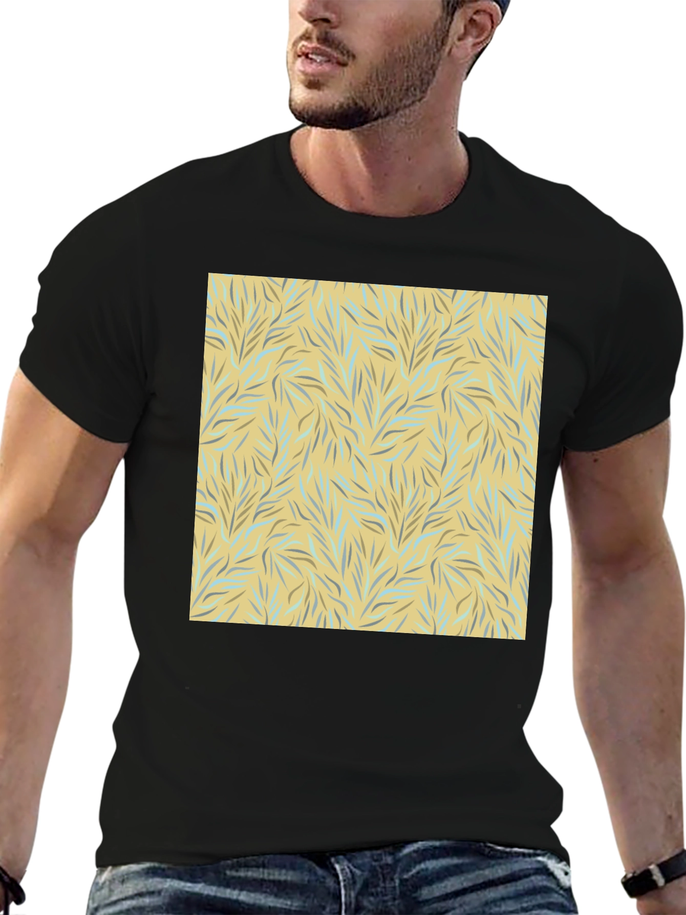 Trendy Black Tee with Abstract Leaf Design