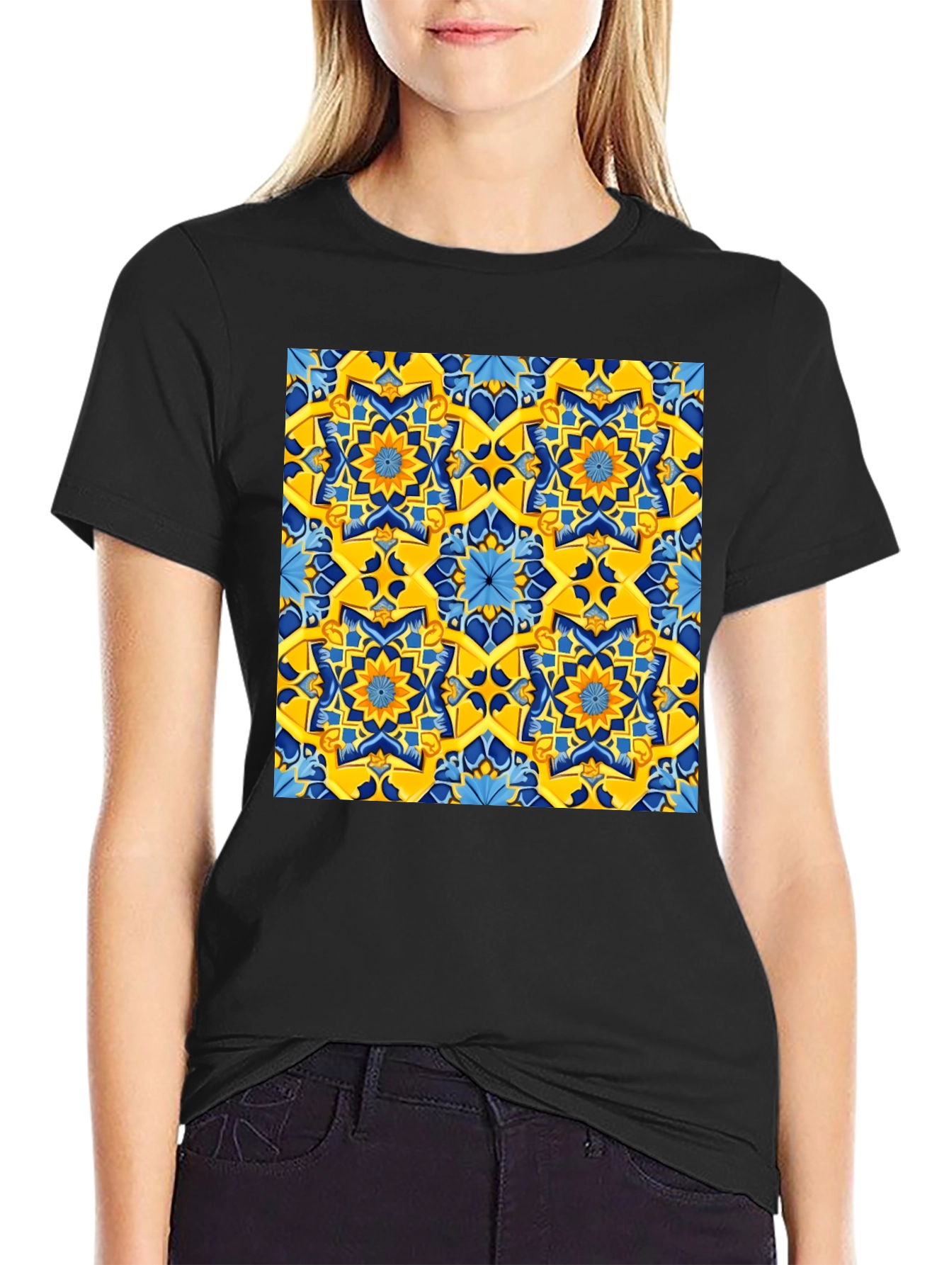 Geometric Pattern T-Shirt - Vivid Yellow & Blue Design
