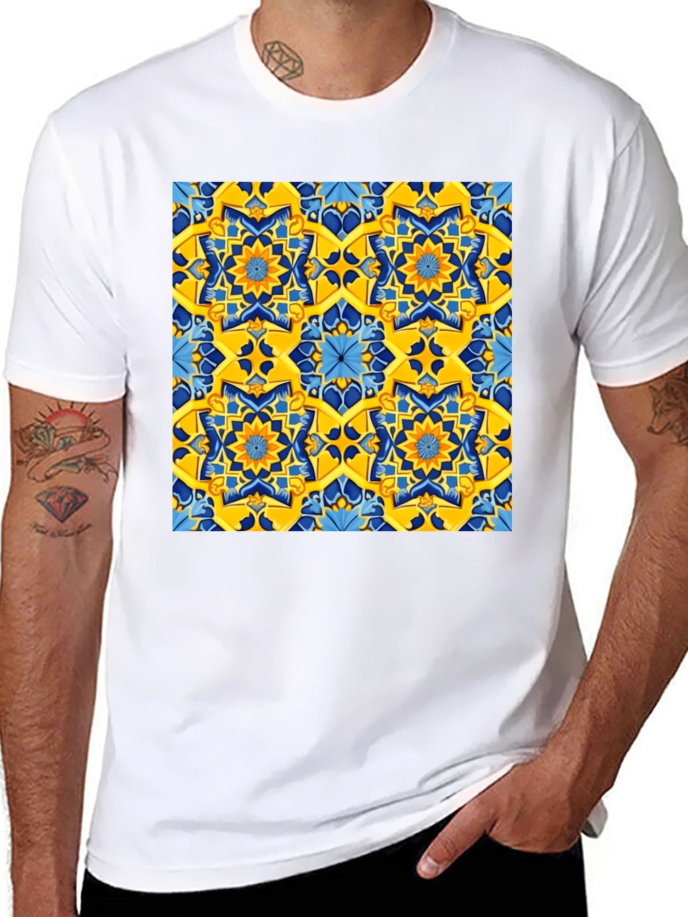Geometric Pattern T-Shirt - Vivid Yellow & Blue Design