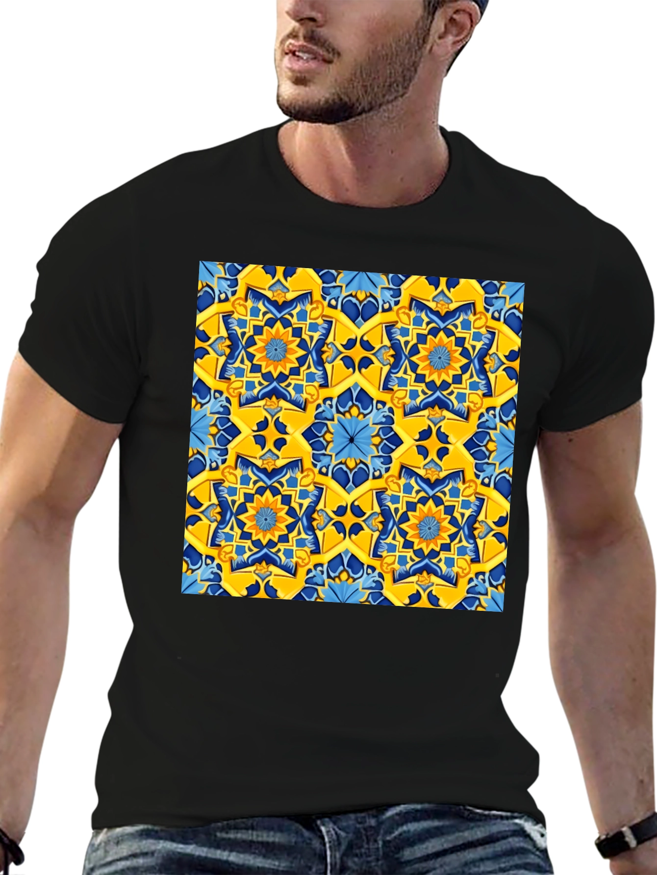 Geometric Pattern T-Shirt - Vivid Yellow & Blue Design