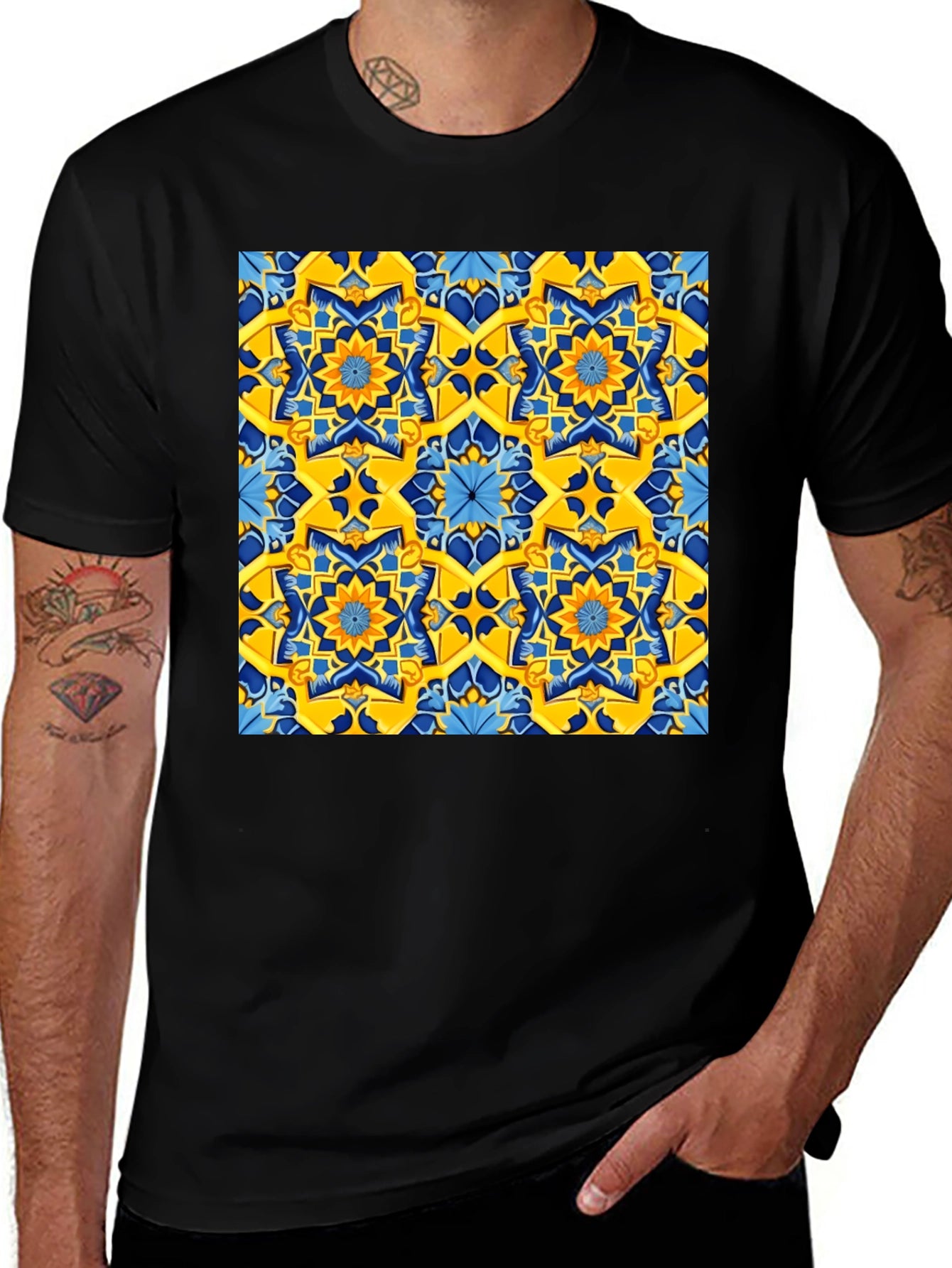 Geometric Pattern T-Shirt - Vivid Yellow & Blue Design