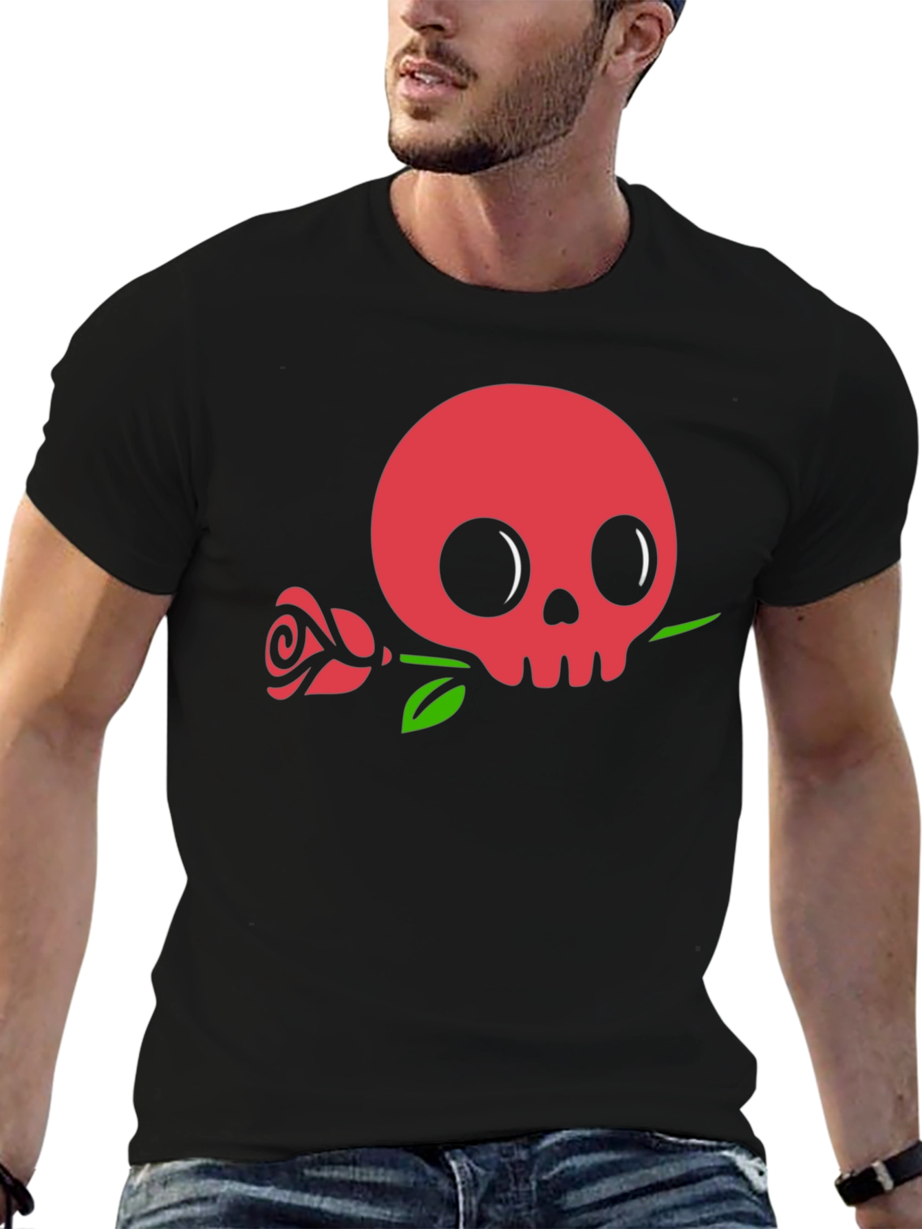 Skull & Rose Graphic Tee - Black Cotton Casual