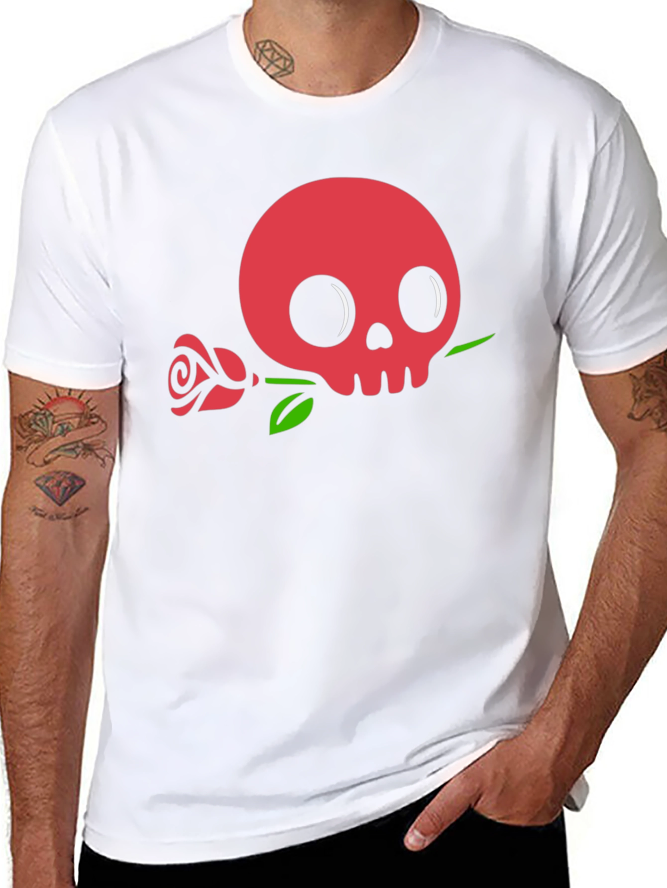 Skull & Rose Graphic Tee - Black Cotton Casual