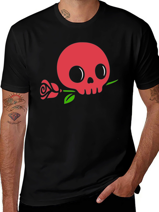 Skull & Rose Graphic Tee - Black Cotton Casual