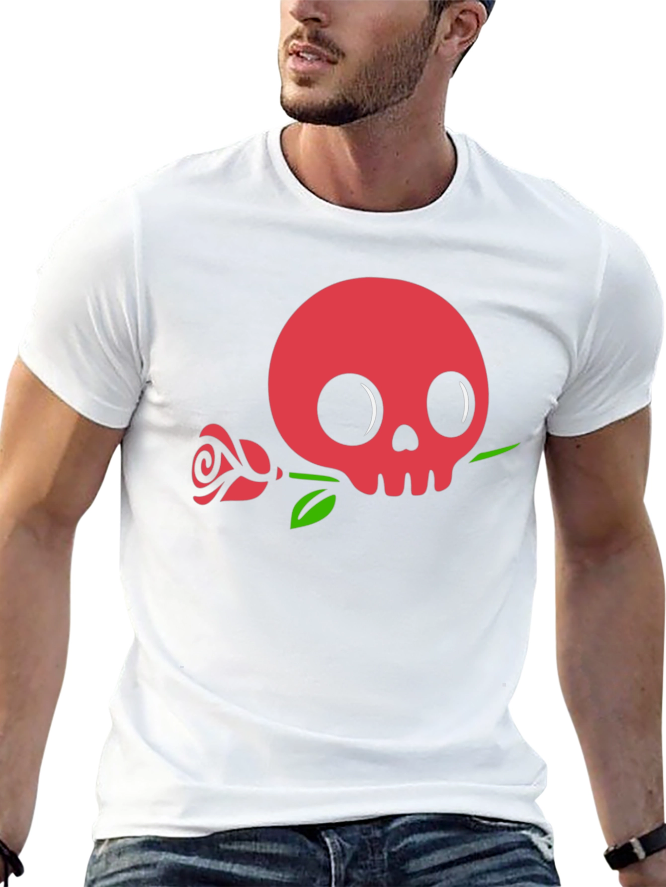 Skull & Rose Graphic Tee - Black Cotton Casual