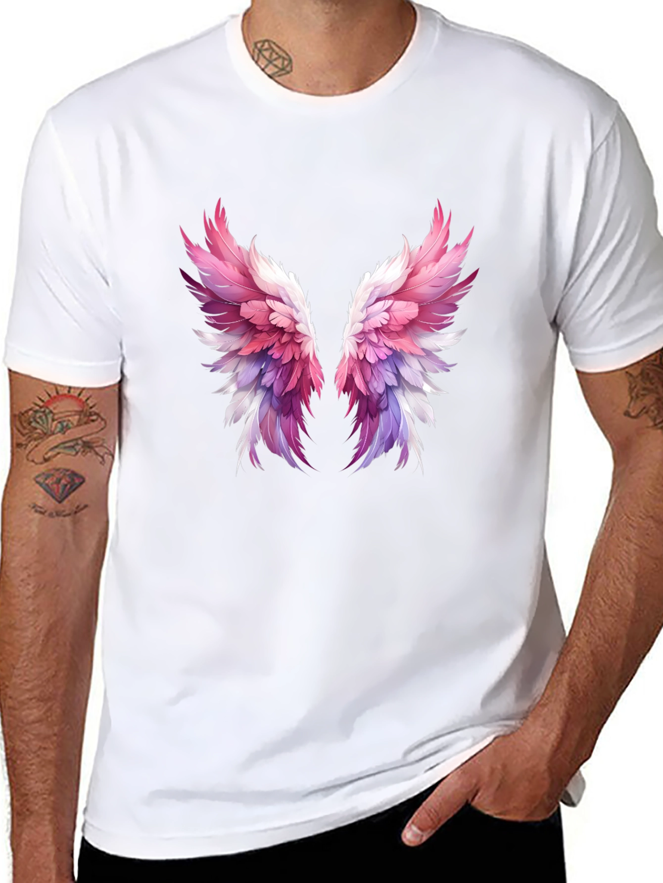 Winged Graphic Tee - Trendy Feather Print Shirt