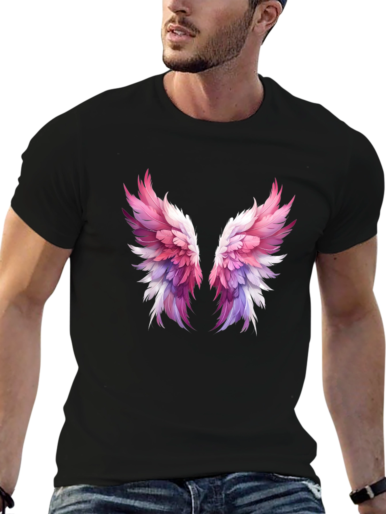 Winged Graphic Tee - Trendy Feather Print Shirt