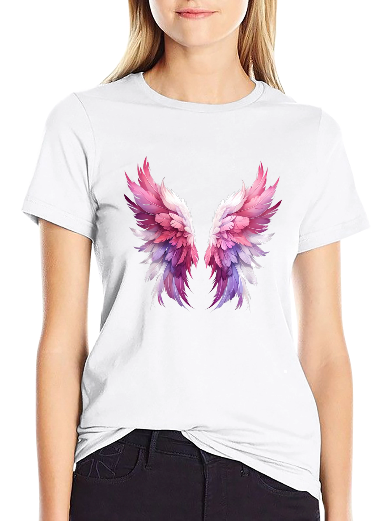 Winged Graphic Tee - Trendy Feather Print Shirt