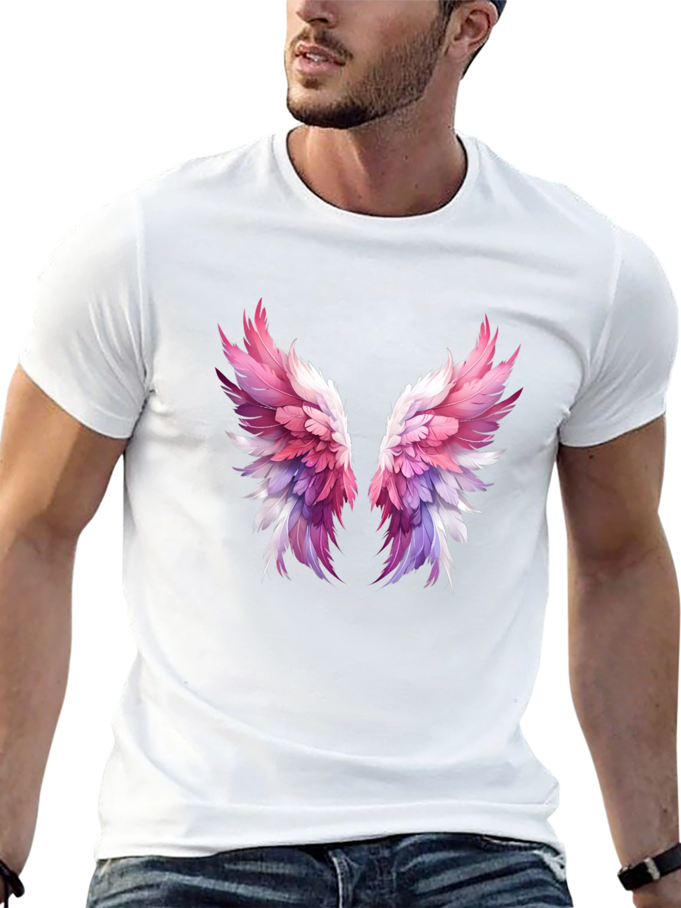 Winged Graphic Tee - Trendy Feather Print Shirt