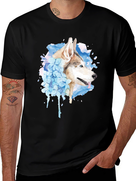 Husky Dog Watercolor Graphic Print Black T-Shirt