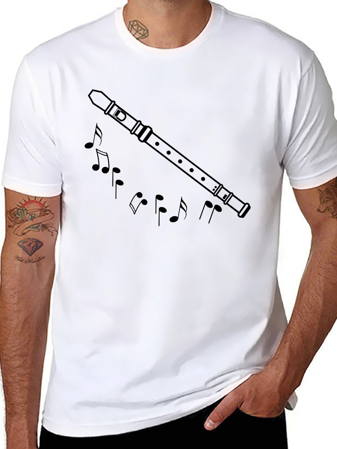 Musical Flute & Notes Graphic Black T-Shirt