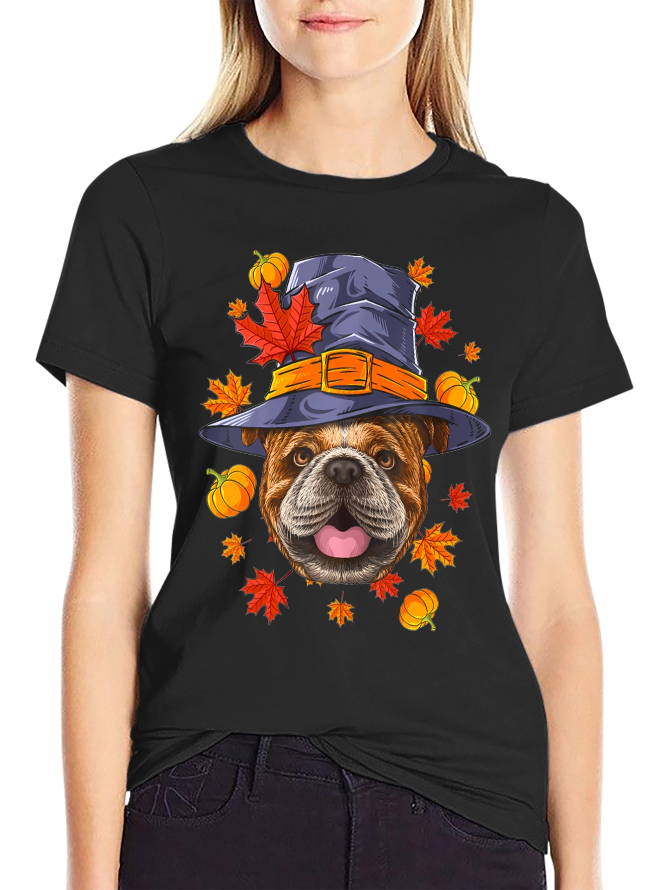 Bulldog Witch Hat Fall T-Shirt