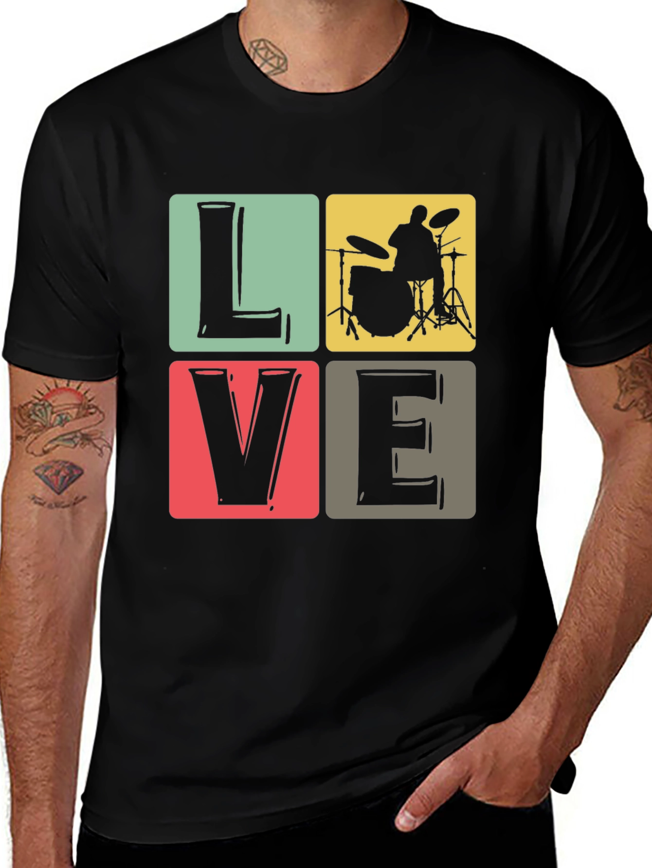 Love Music Drummer T-Shirt Black Crew Neck