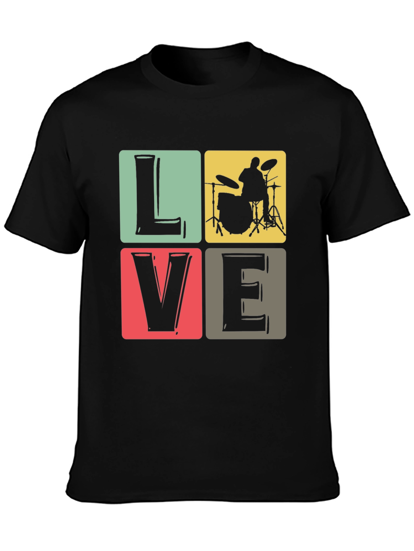 Love Music Drummer T-Shirt Black Crew Neck